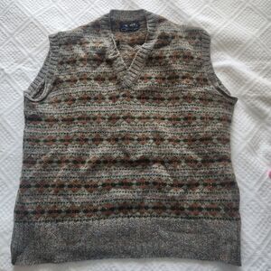 Burberry Men's V-Neck Sweater Vest - Brown and Gray Pattern Vintage